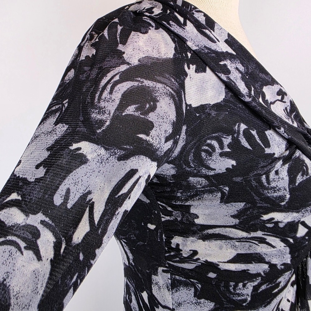 Semantiks Women's XS Black White Sheer Floral Ruffle V-Neck‎ Long Sleeve Blouse - Picture 7 of 9